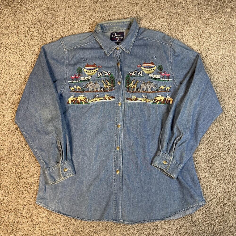 Vintage Quizz Again Shirt Womens L Blue Denim Noah’s Ark Animals Long Sleeve 90s